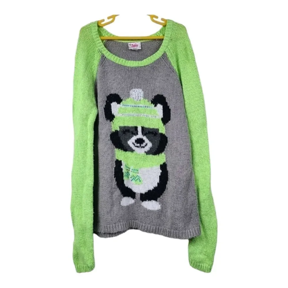 Justice Cute Winter Bear Sweater Girls 14 Pullover Neon Green/Gray Long Sleeves